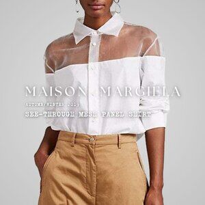 MAISON MARGIELA white cotton see-through illusion chest panel button up shirt